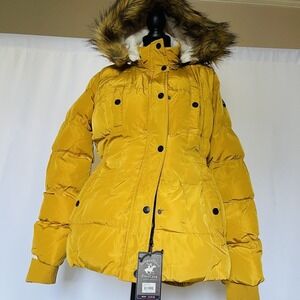 Beverly Hills Polo Club Yellow Puffer Jacket XL Women  Fur Trim Hood Removable